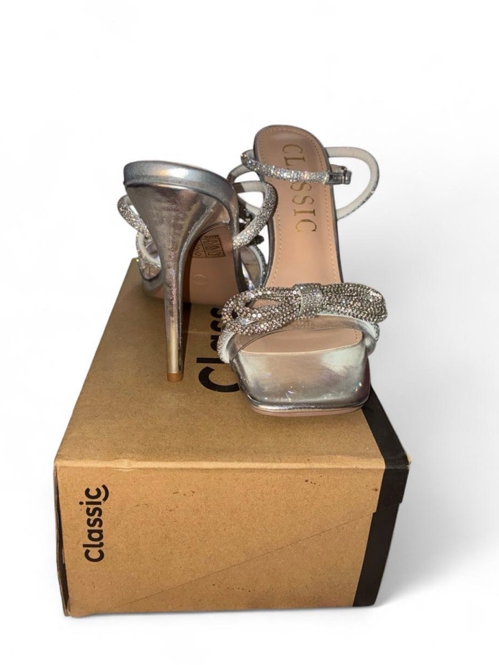 Classic Silver Crystal Bow Stiletto Sandals for Women